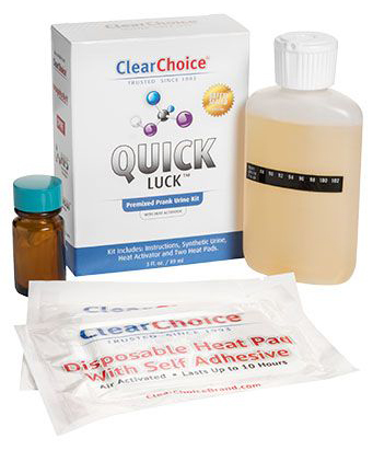 quick luck synthetic urine premixed in a plastic container with heat activator and  two extra heat pad